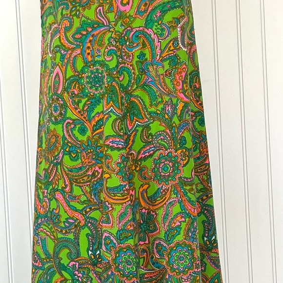 Vintage Psychedelic Colorful Paisley Maxi Dress Puff Sleeves Medium Bright Green - Picture 14 of 14